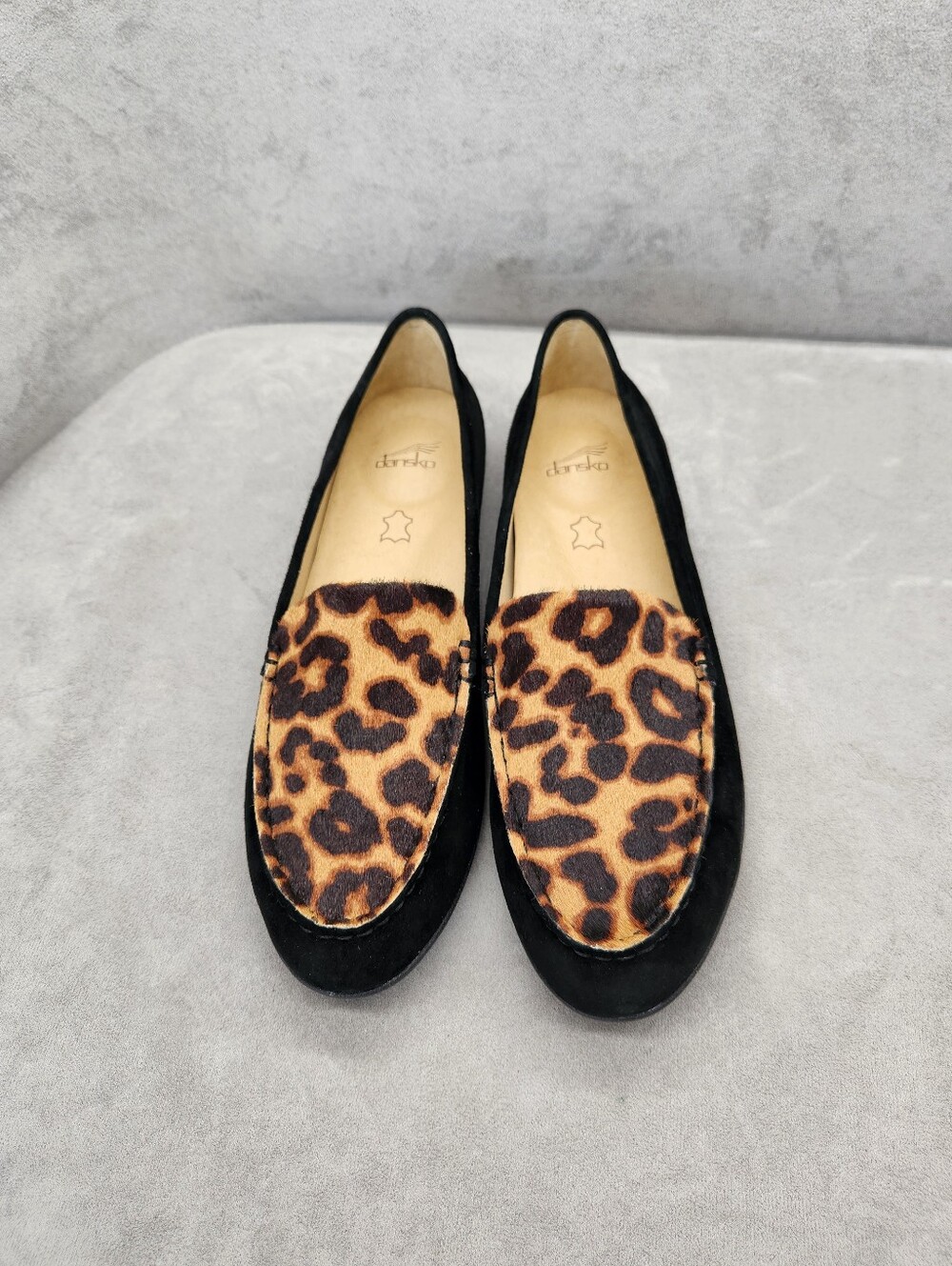 Dansko Loafers 7.5 Black Suede Leopard Print Lorri Flats Arch Support New $145